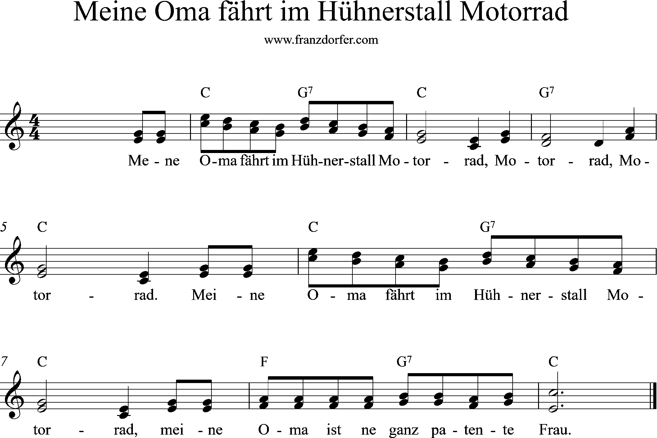 meine oma fährt im Hühnerstall Motorrad, 2stimmig, Noten, C-Dur noten 2stimmig mit akkordbezifferung, Meine oma fährt im hühnerstal